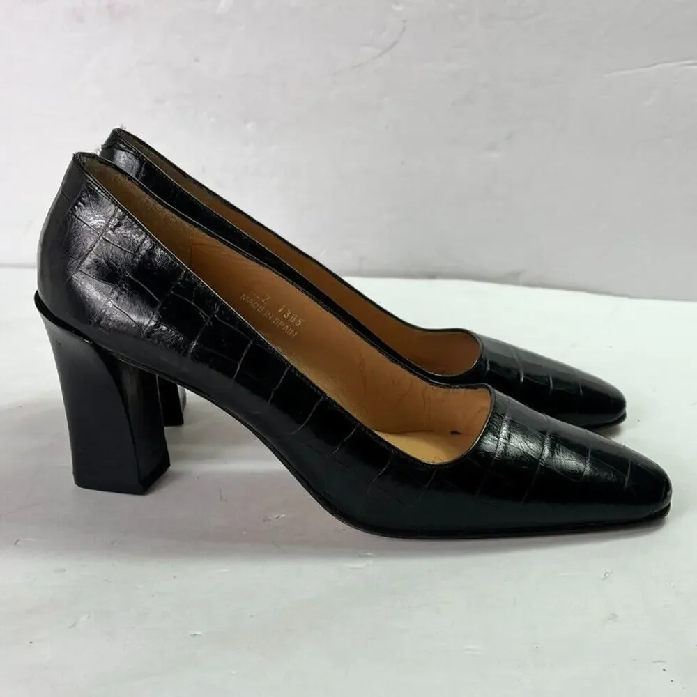 Ralph Lauren Pumps Womens 7AA Black Croc Print High Heel Square Toe Spain Made